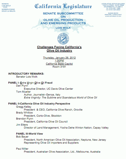cal hearing 435x551 | Dan Flynn, Tom Mueller, Bob Bauer to Testify at California Olive Oil Hearing | north america 